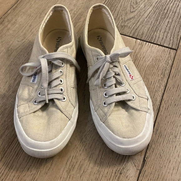Superga Anthropologie Beige Linen Canvas Lace-Up Sneakers Size 9 - Picture 1 of 6